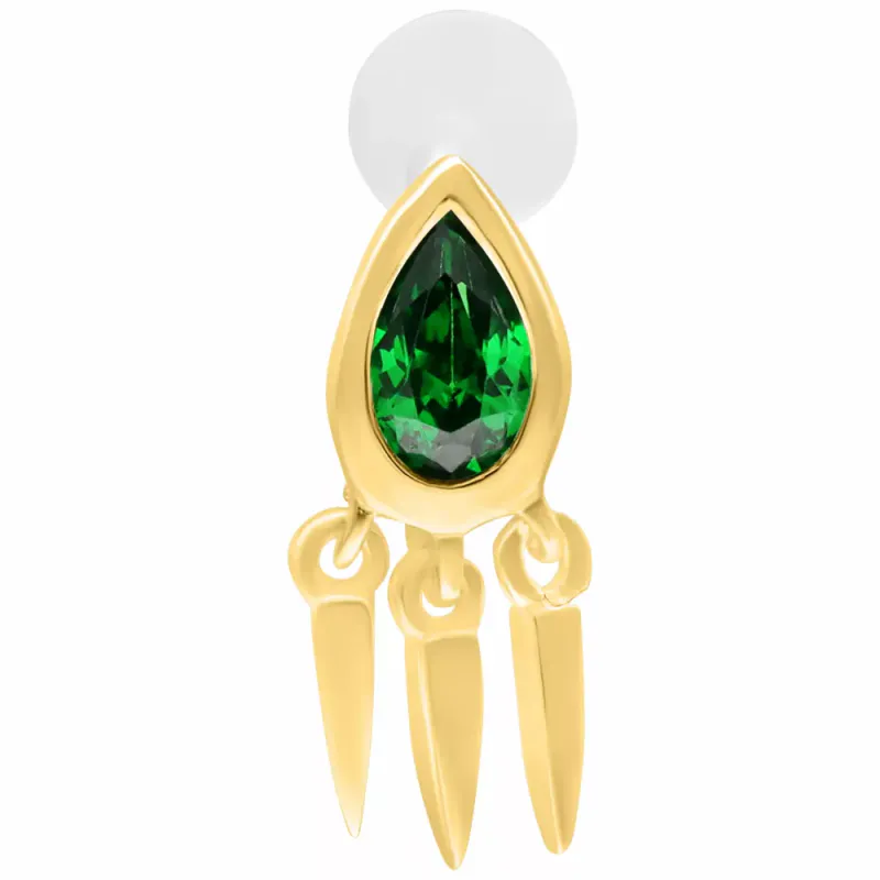 Tear Drop Internally Threaded Labret Gold Emerald Green