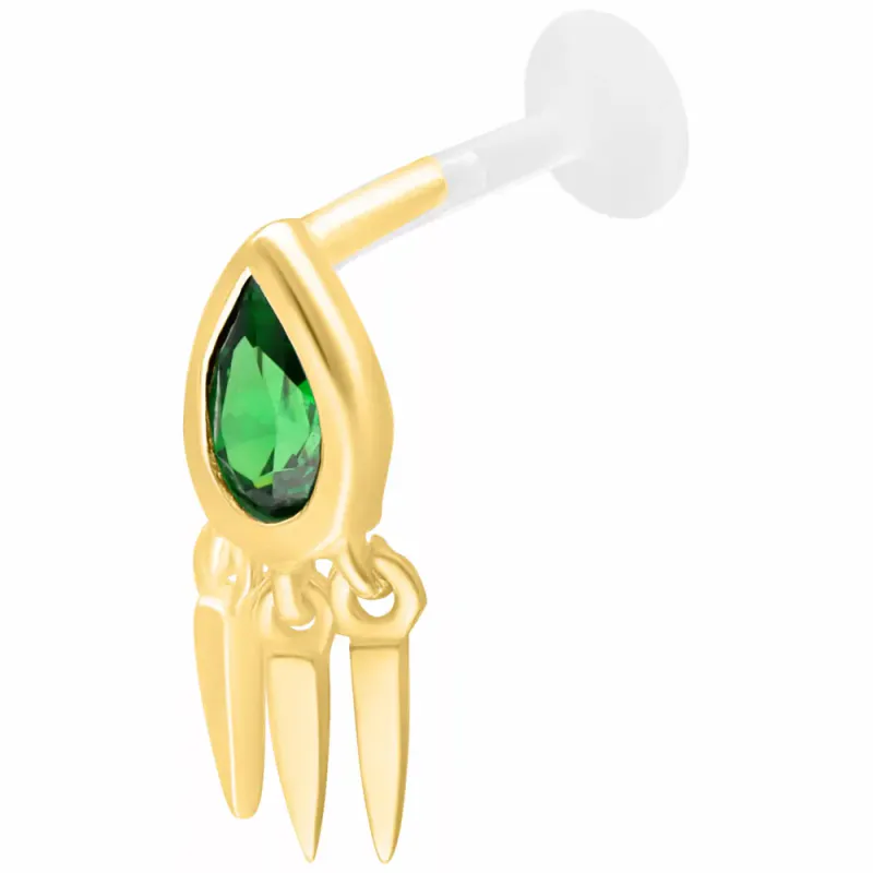 Tear Drop Internally Threaded Labret Gold Emerald Green