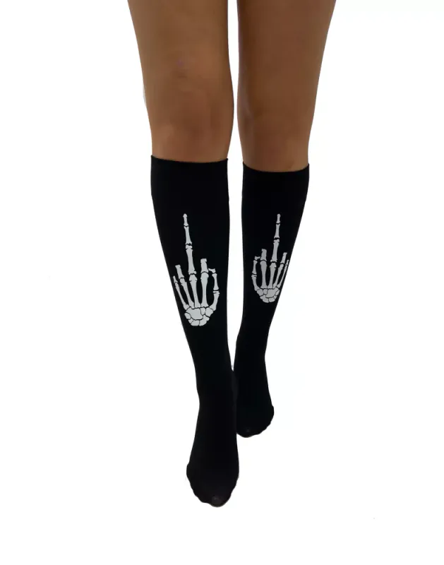 Skeleton Middle Finger Knee Socks